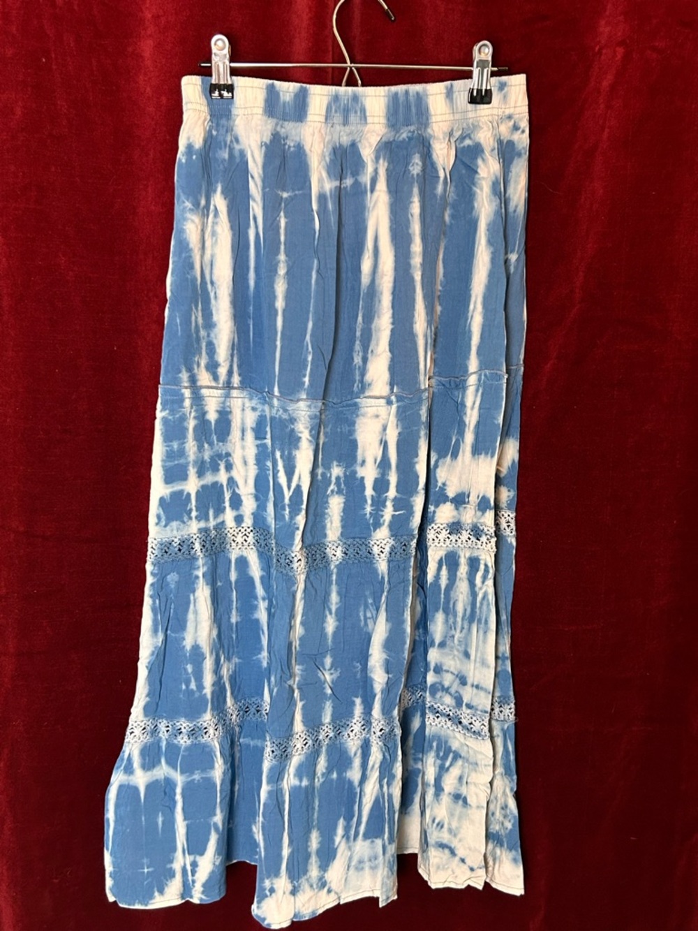 Tie-Dye Blue and White Maxi Skirt with Lace Trim